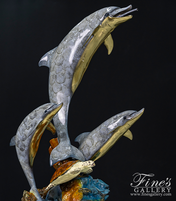 Bronze Fountains  - Dolphins And Turtle Themed Fountain In Enamel Bronze - BF-917